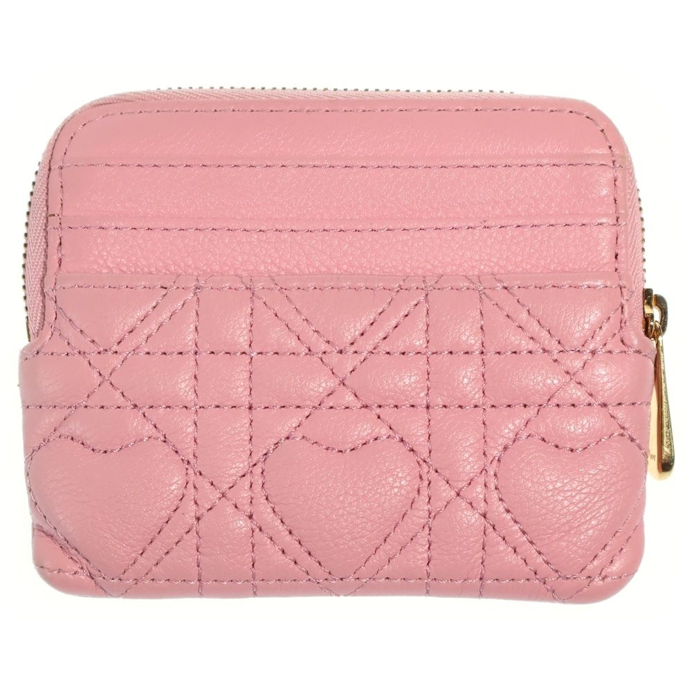 Dior Caro Cannage Lambskin Leather Fragment Card Coin Case Gold Pink — view 2