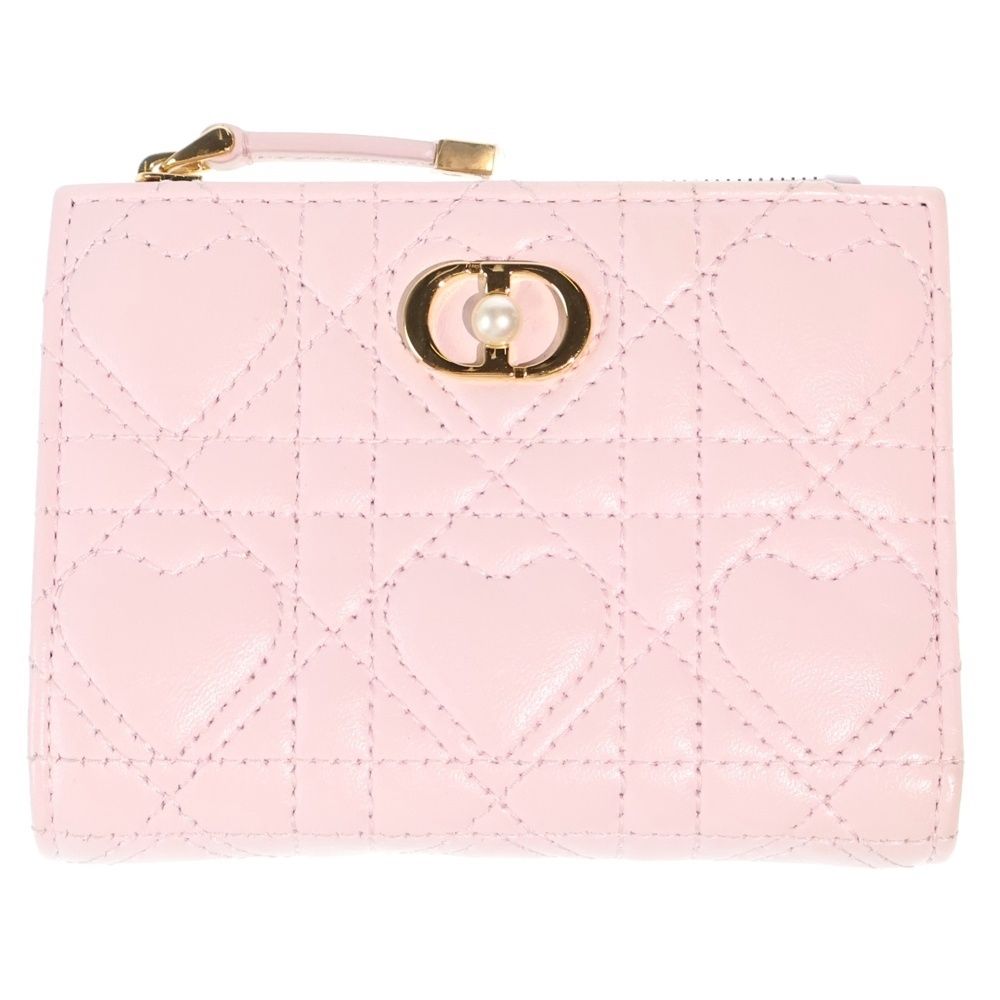 Dior Heart Dahlia Wallet Compact Bifold Coin Case Light Pink Lambskin Gold