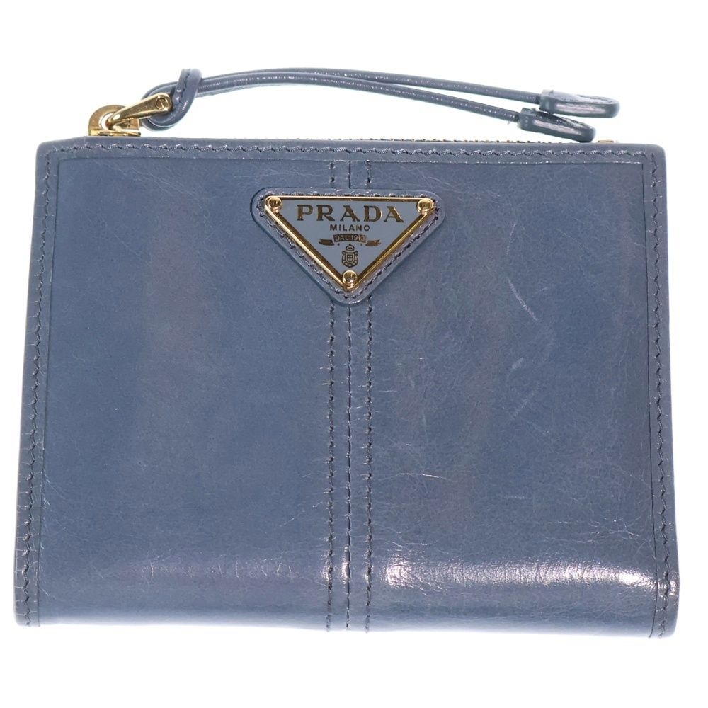 Prada Bifold Wallet Compact Coin Case Aviator Blue Soft Looks Leather Gold