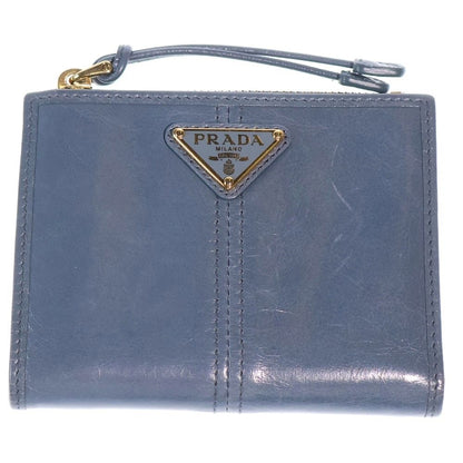 Prada Bifold Wallet Compact Coin Case Aviator Blue Soft Looks Leather Gold