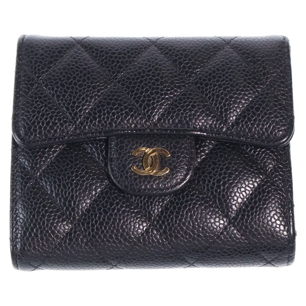 Chanel Quilted Trifold Compact Wallet Coin Case Black Caviar Leather Gold