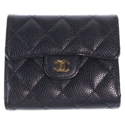 Chanel Quilted Trifold Compact Wallet Coin Case Black Caviar Leather Gold
