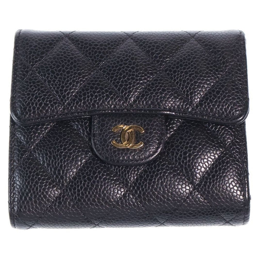 Chanel Quilted Trifold Compact Wallet Coin Case Black Caviar Leather Gold