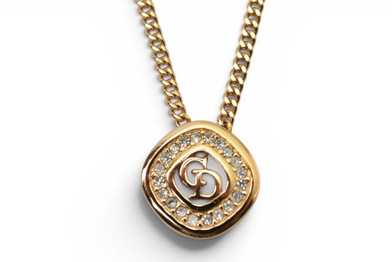 Dior Necklace Vintage CD Logo Line Stone Gold