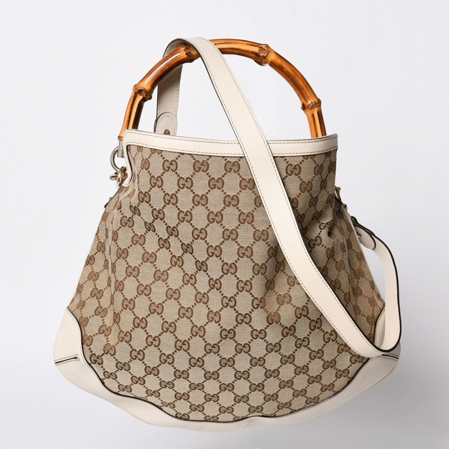 Gucci Bamboo 2-Way Hand Bag Handbag GG Canvas Beige Ivory