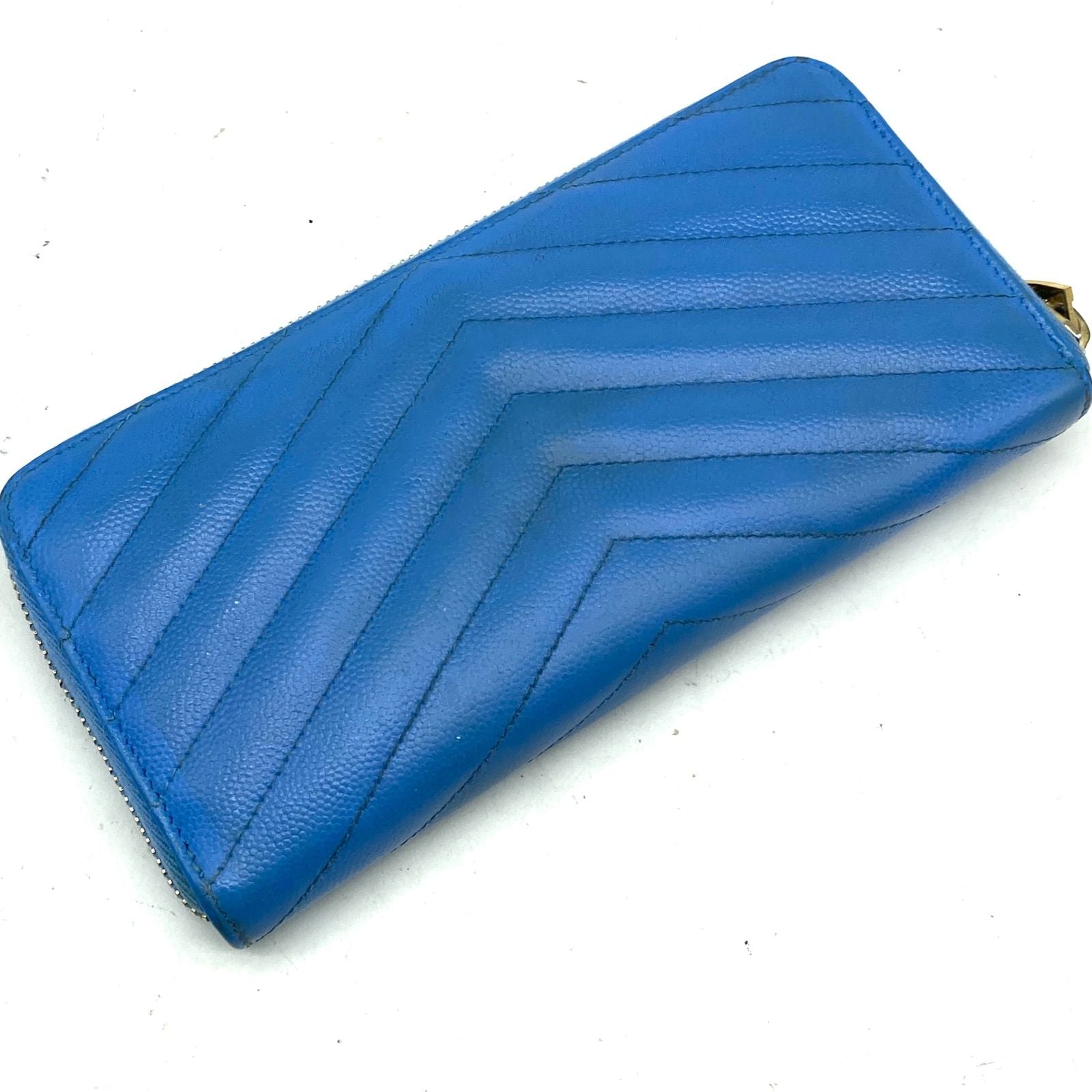 Saint Laurent Gold Logo Round Zip Wallet Light Blue — view 3