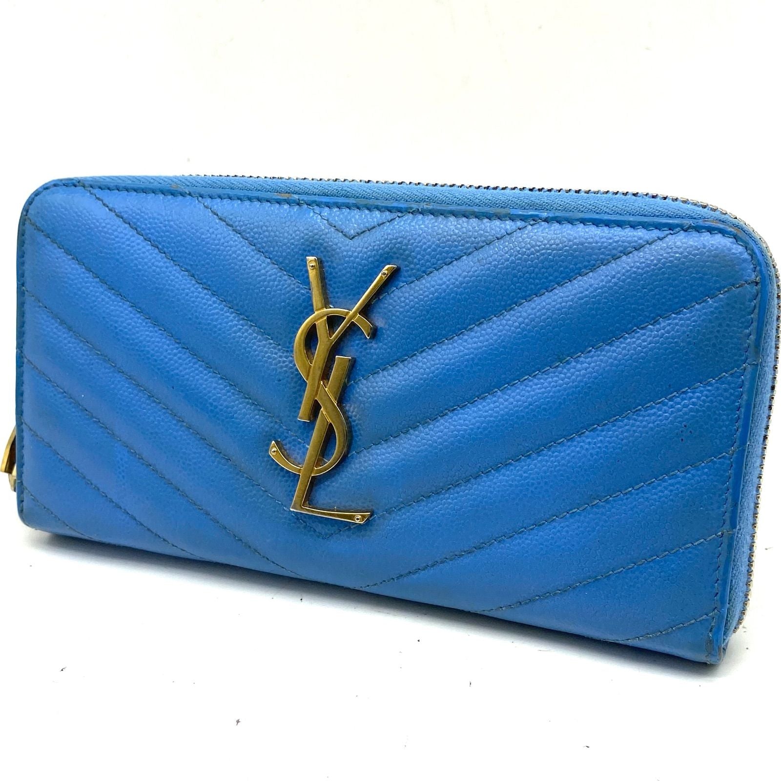 Saint Laurent Gold Logo Round Zip Wallet Light Blue