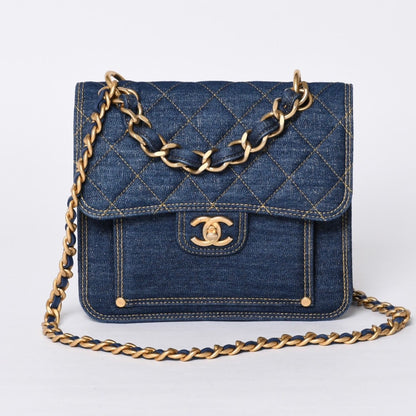Chanel Chain Shoulder Bag Base CC Logo Denim Indigo Blue Quilted