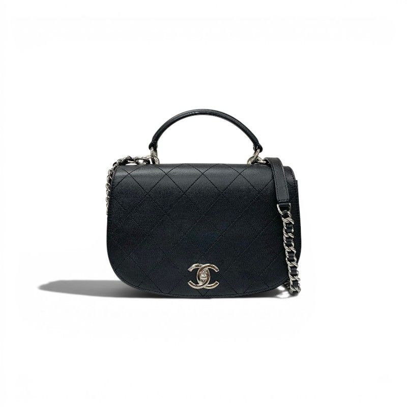 Chanel Shoulder Bag Black Silver Quilted CC Logo Top Handle Chain