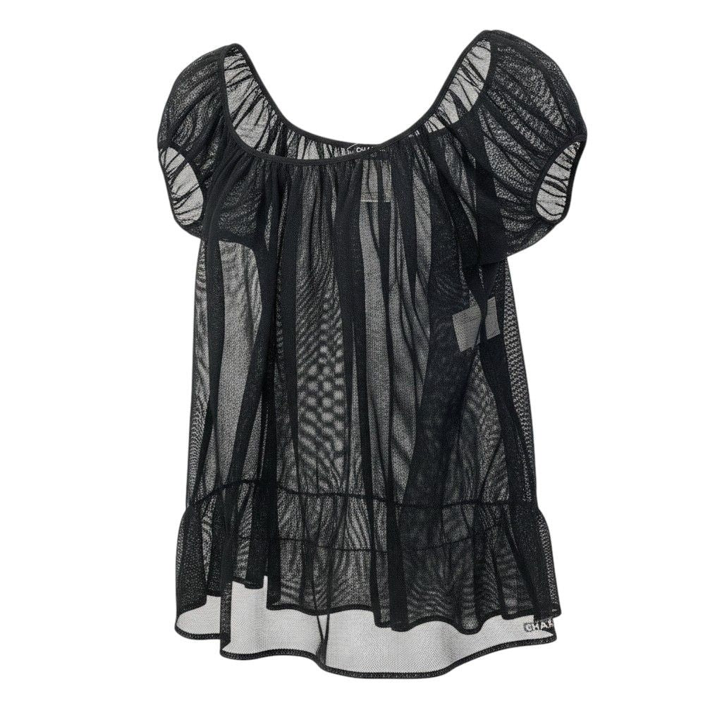 Chanel See Through Mesh Blouse Puff Sleeve Off Shoulder Top 40 Black