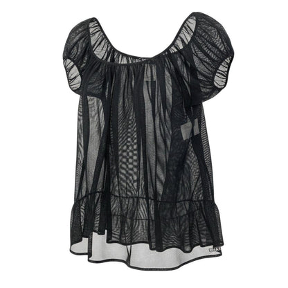 Chanel See Through Mesh Blouse Puff Sleeve Off Shoulder Top 40 Black