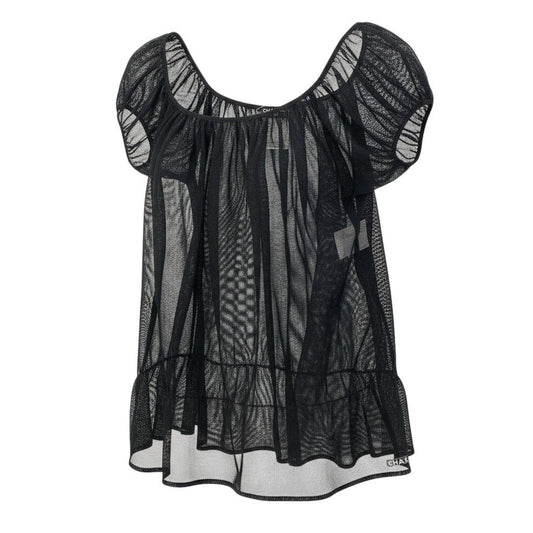 Chanel See Through Mesh Blouse Puff Sleeve Off Shoulder Top 40 Black