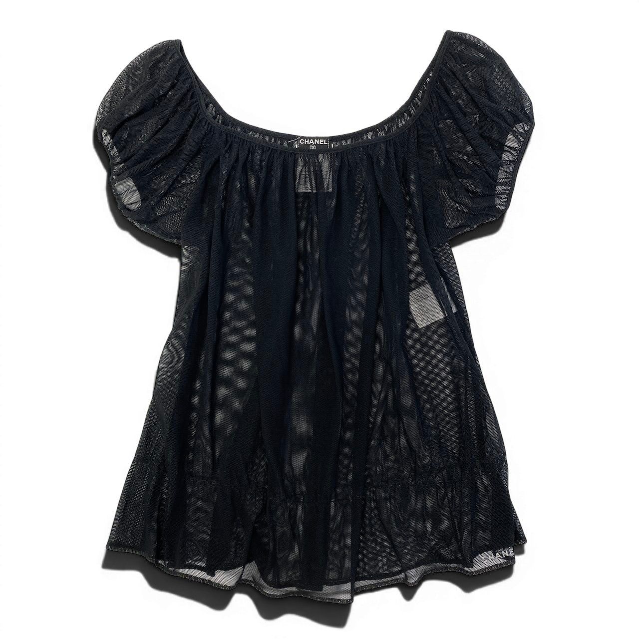 Chanel See Through Mesh Blouse Puff Sleeve Off Shoulder Top 40 Black — view 2