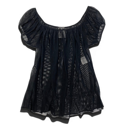Chanel See Through Mesh Blouse Puff Sleeve Off Shoulder Top 40 Black — view 2