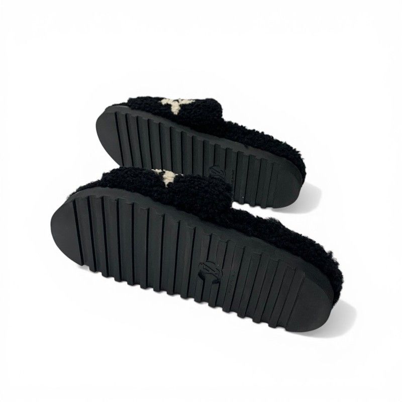 Louis Vuitton Paseoline Monogram Sandals Shoes Shearling Black White Mules — view 6
