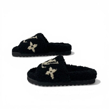 Louis Vuitton Paseoline Monogram Sandals Shoes Shearling Black White Mules — view 3