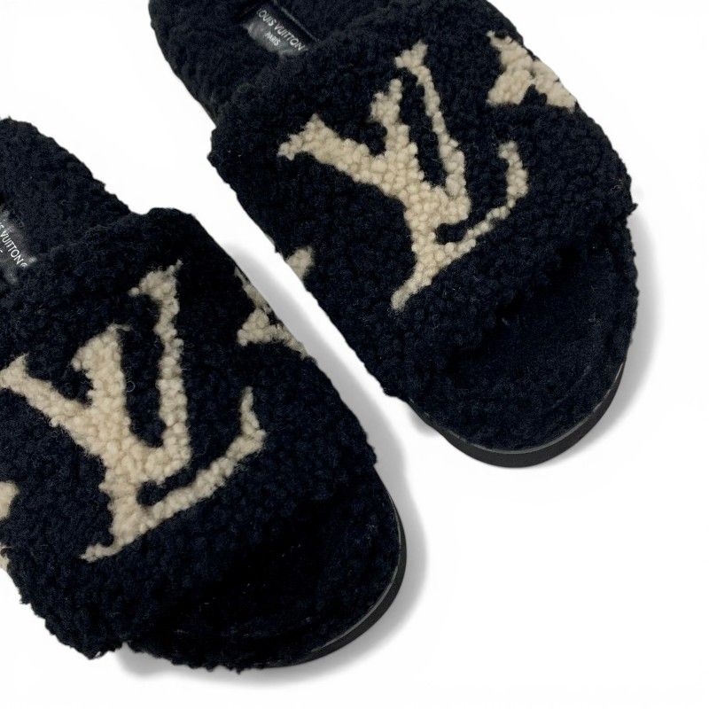 Louis Vuitton Paseoline Monogram Sandals Shoes Shearling Black White Mules — view 9