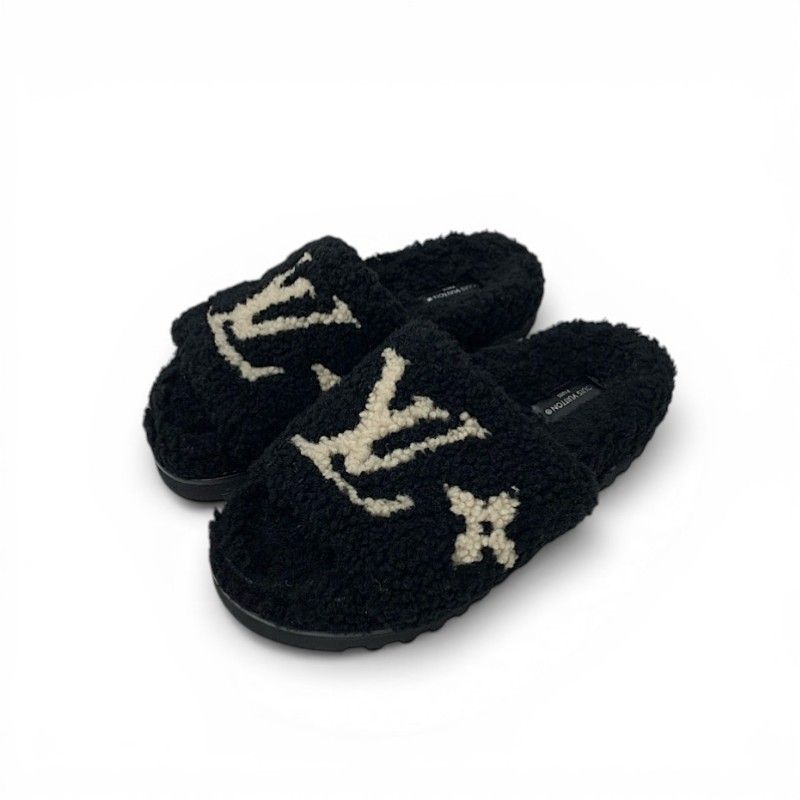 Louis Vuitton Paseoline Monogram Sandals Shoes Shearling Black White Mules