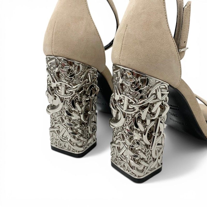 Hermes Gram 105 Sandals Shoes Suede Metal Beige Silver Chaine D'ancre Heels — view 9