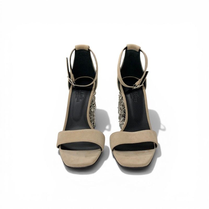Hermes Gram 105 Sandals Shoes Suede Metal Beige Silver Chaine D'ancre Heels — view 2