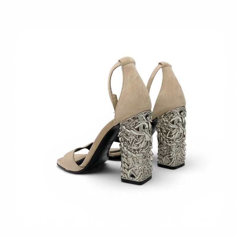 Hermes Gram 105 Sandals Shoes Suede Metal Beige Silver Chaine D'ancre Heels — view 4