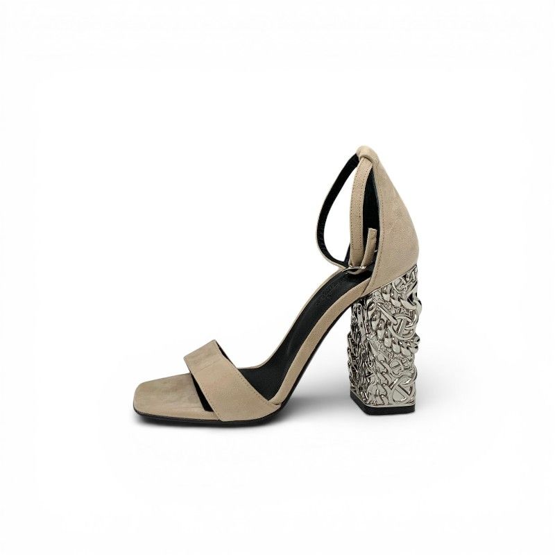 Hermes Gram 105 Sandals Shoes Suede Metal Beige Silver Chaine D'ancre Heels — view 3