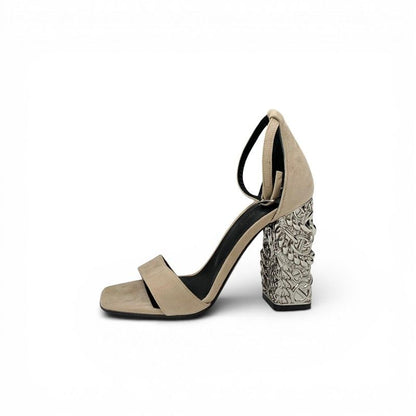 Hermes Gram 105 Sandals Shoes Suede Metal Beige Silver Chaine D'ancre Heels — view 3