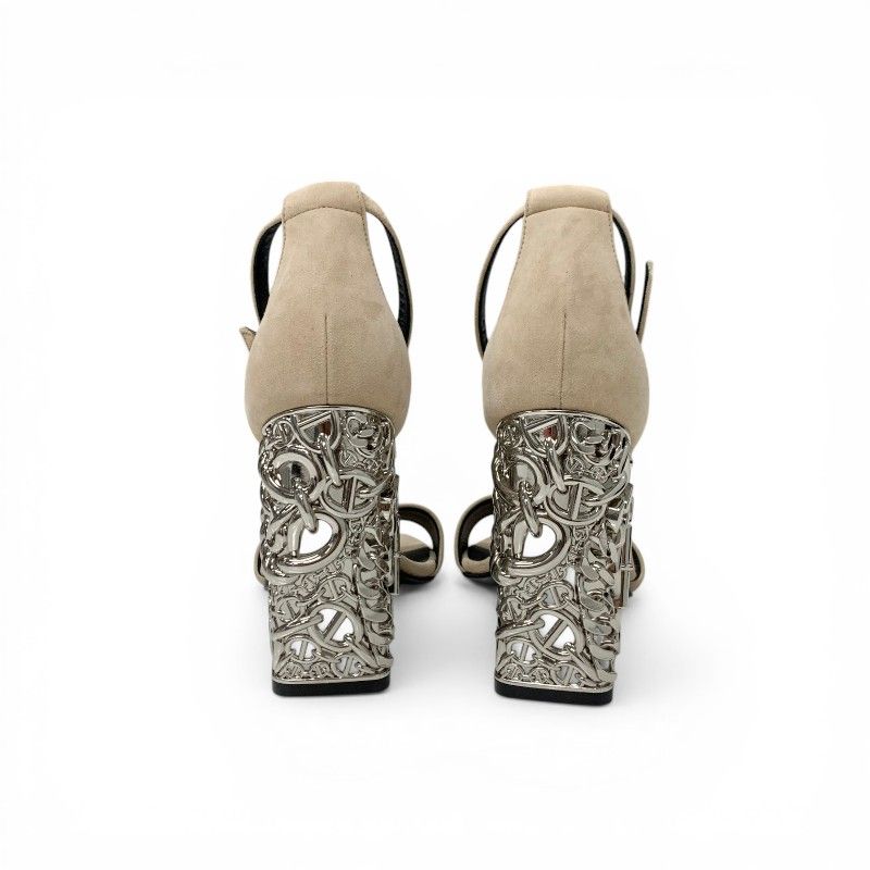 Hermes Gram 105 Sandals Shoes Suede Metal Beige Silver Chaine D'ancre Heels — view 5