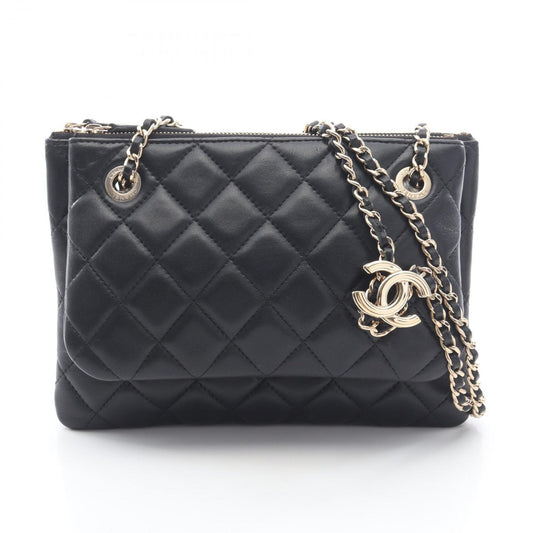 Chanel Shoulder Bag Quilted Black Lambskin Double Pouch Chain