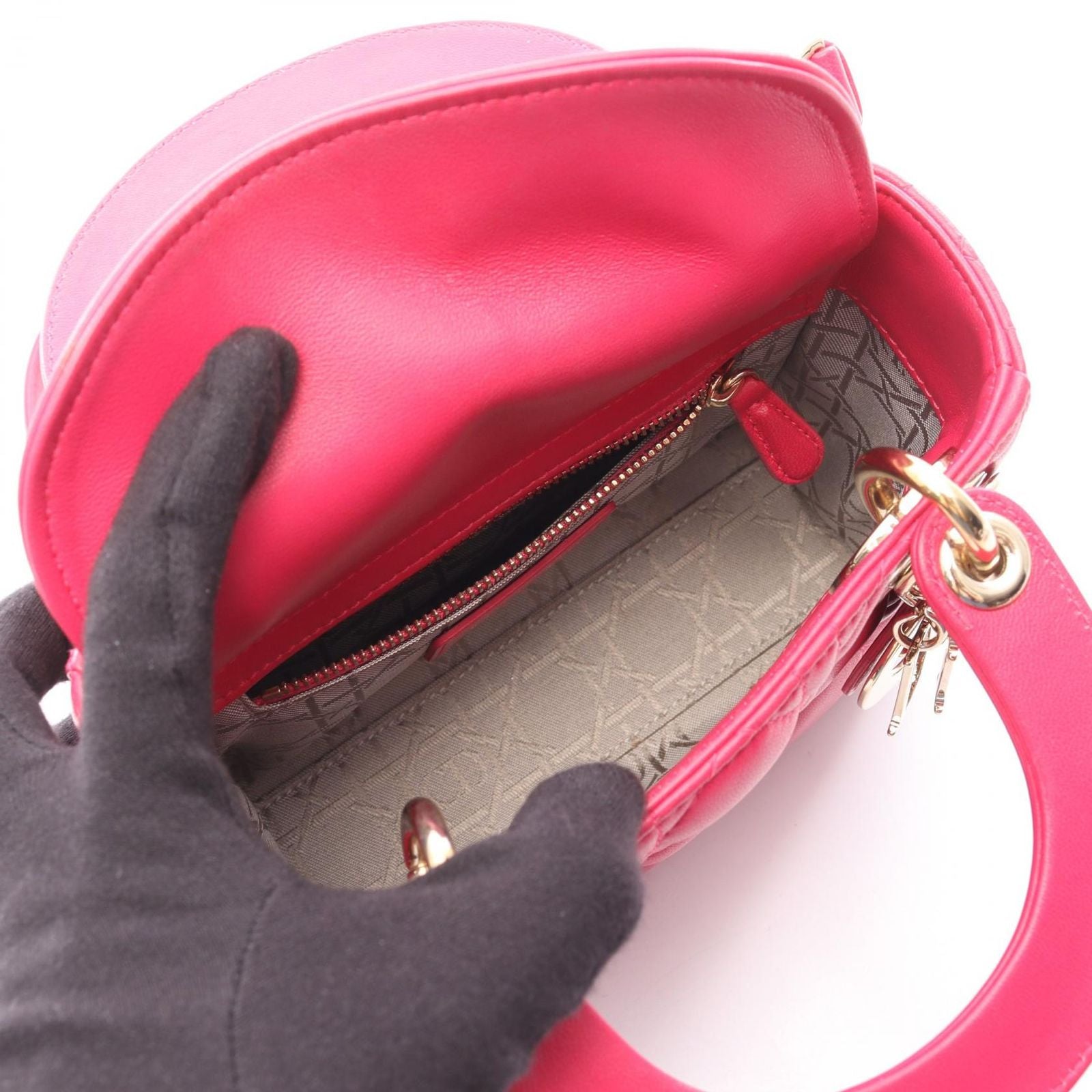 Dior Handbag Lady Dior Mini Cannage 2-Way Magenta Leather Lady Dior Tote — view 3