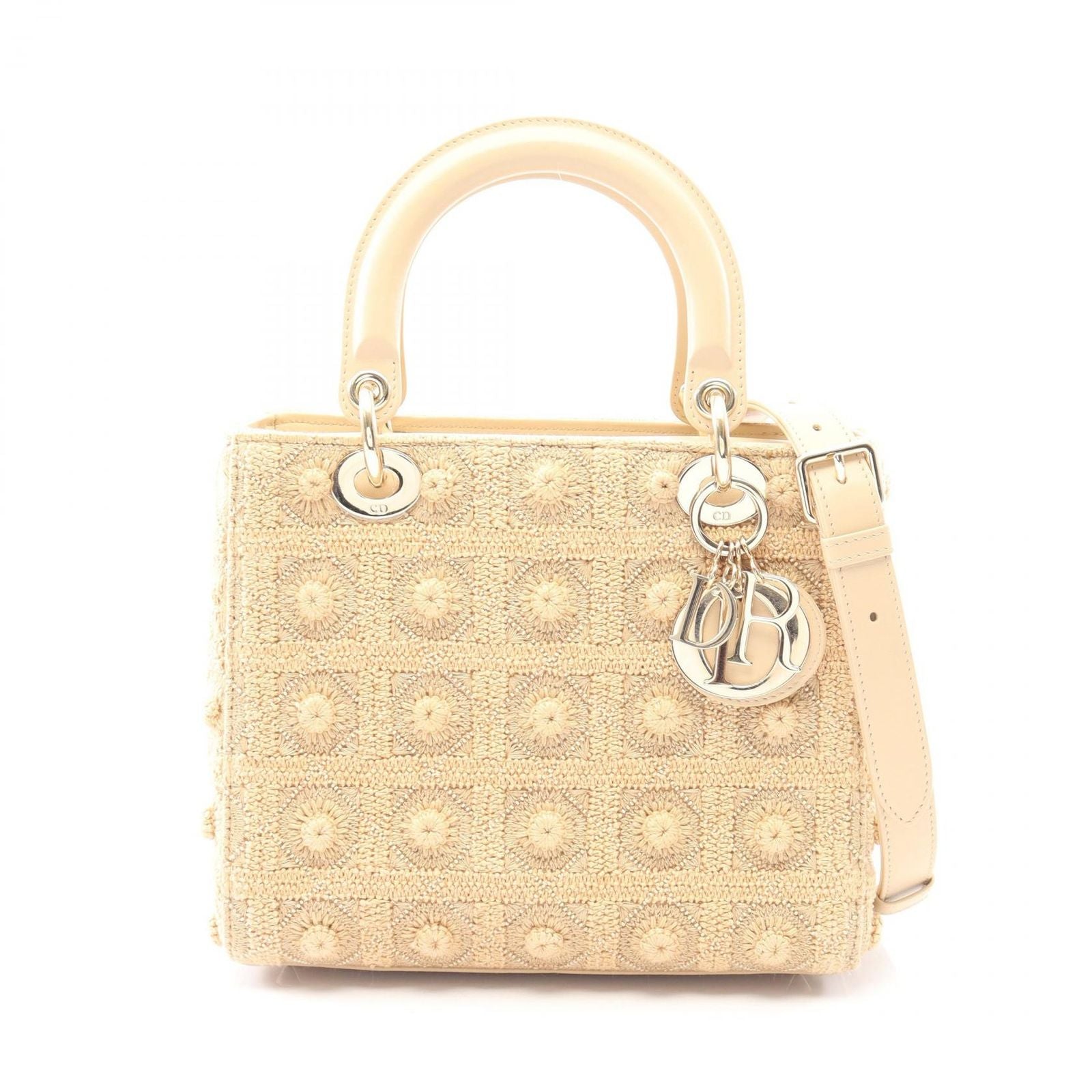 Dior Handbag Lady Dior 2-Way Beige Canvas Leather Tote