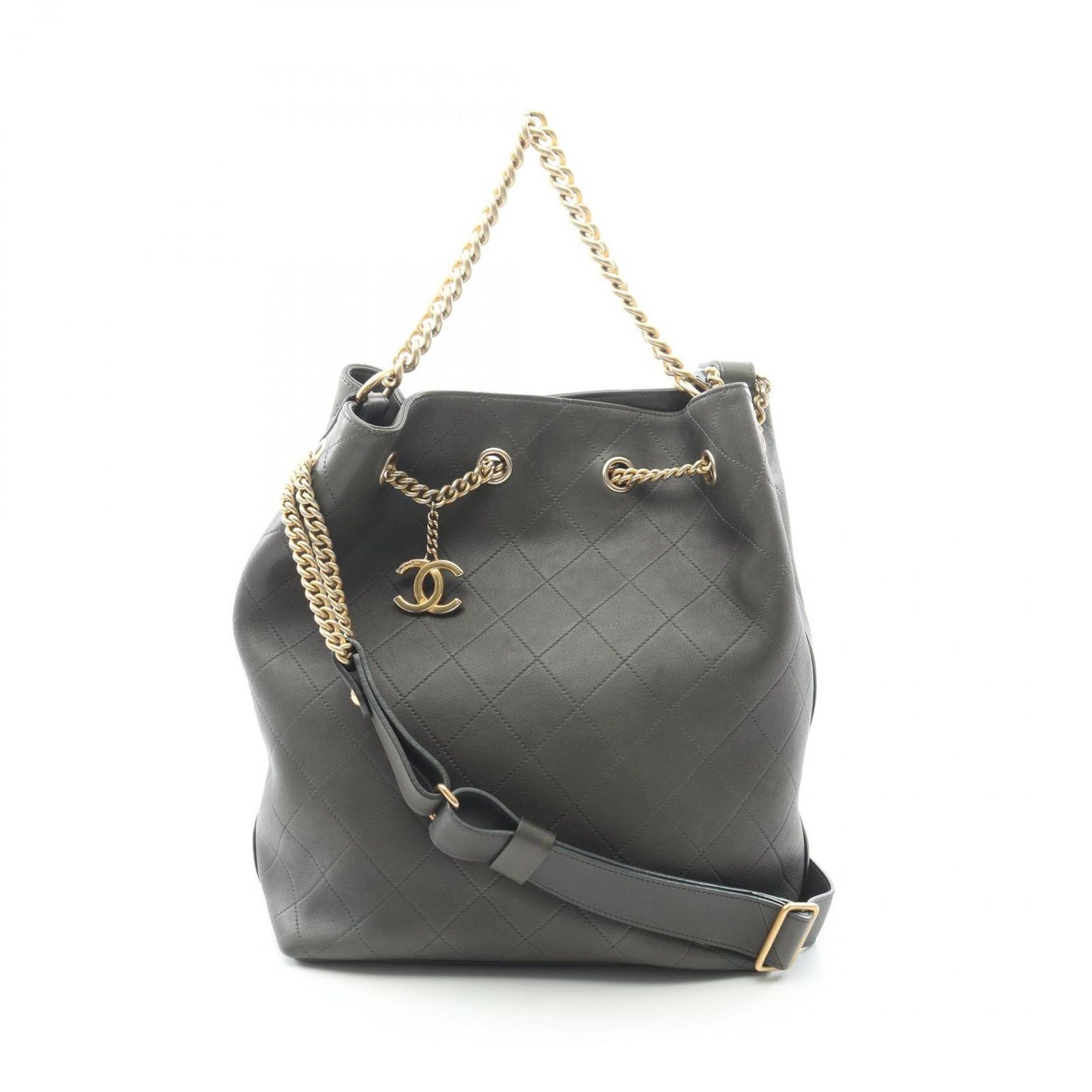 Chanel Shoulder Bag Quilted 2-Way Khaki Leather Drawstring