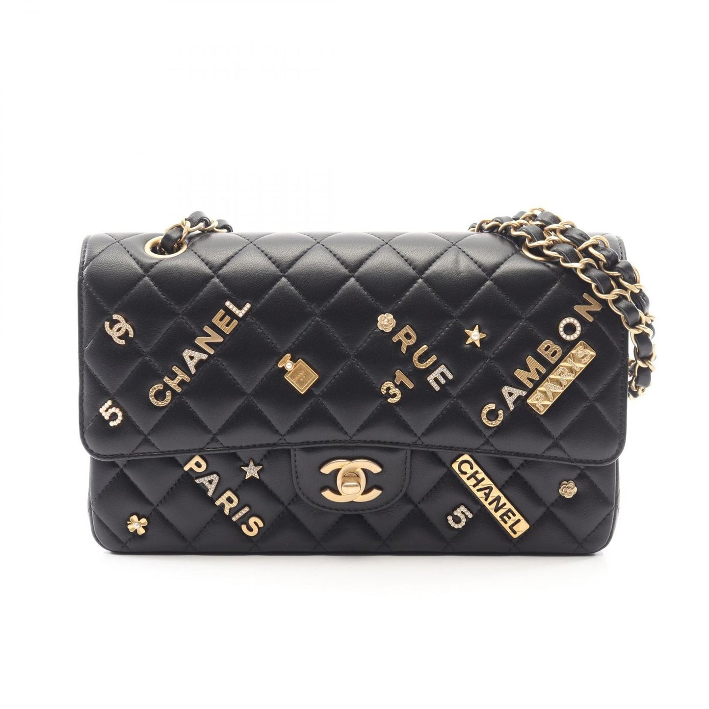 Chanel Shoulder Bag Quilted Double Flap Icon Charm Black Lambskin Chain