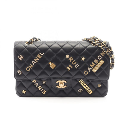 Chanel Shoulder Bag Quilted Double Flap Icon Charm Black Lambskin Chain