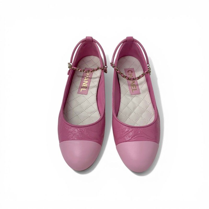 Chanel Flat Shoes Leather Pink Gold CC Logo Camellia Chain Strap Processing — view 2