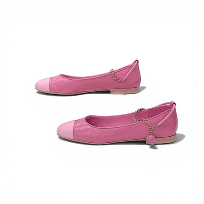 Chanel Flat Shoes Leather Pink Gold CC Logo Camellia Chain Strap Processing — view 3