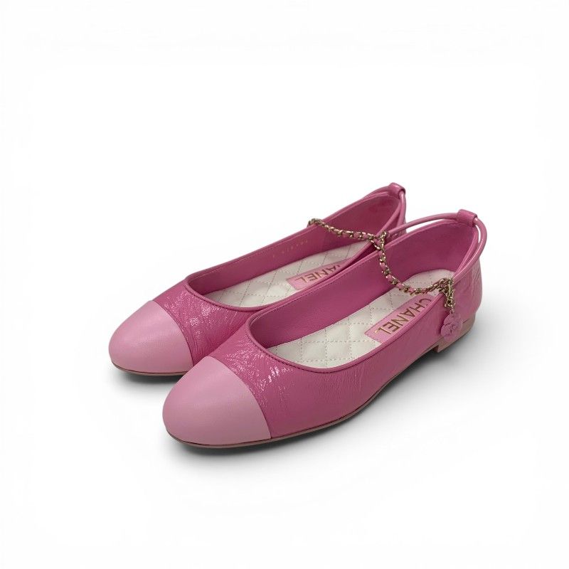 Chanel Flat Shoes Leather Pink Gold CC Logo Camellia Chain Strap Processing