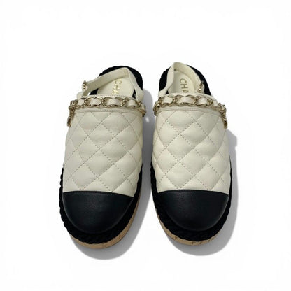 Chanel Sandals Shoes Leather Cork Fabric Off White Black Gold CC Logo Quilted — view 2