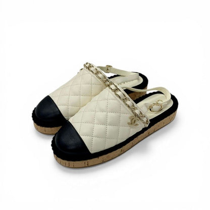 Chanel Sandals Shoes Leather Cork Fabric Off White Black Gold CC Logo Quilted