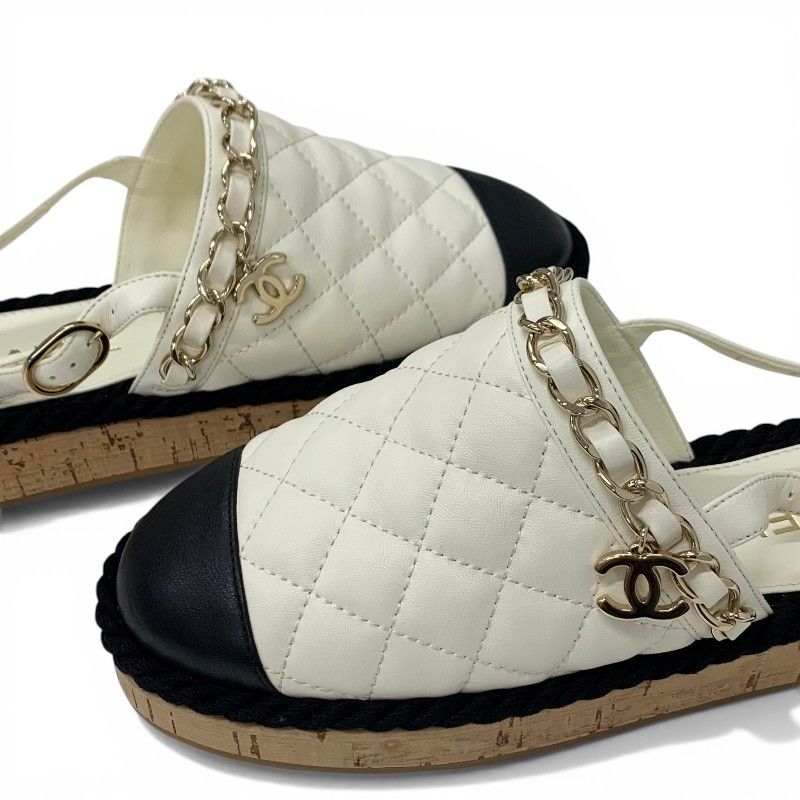 Chanel Sandals Shoes Leather Cork Fabric Off White Black Gold CC Logo Quilted — view 9