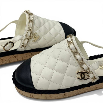 Chanel Sandals Shoes Leather Cork Fabric Off White Black Gold CC Logo Quilted — view 9