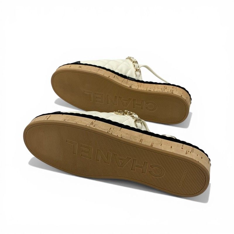 Chanel Sandals Shoes Leather Cork Fabric Off White Black Gold CC Logo Quilted — view 6