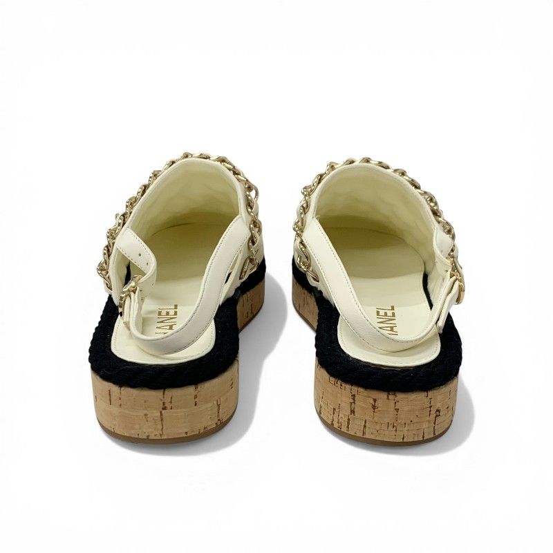Chanel Sandals Shoes Leather Cork Fabric Off White Black Gold CC Logo Quilted — view 5