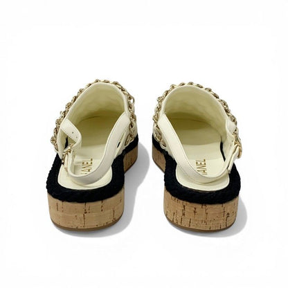 Chanel Sandals Shoes Leather Cork Fabric Off White Black Gold CC Logo Quilted — view 5