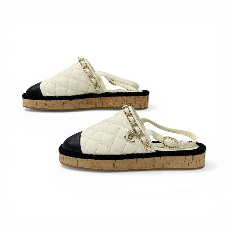 Chanel Sandals Shoes Leather Cork Fabric Off White Black Gold CC Logo Quilted — view 3
