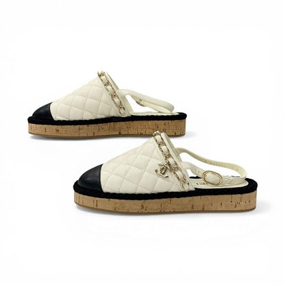 Chanel Sandals Shoes Leather Cork Fabric Off White Black Gold CC Logo Quilted — view 3