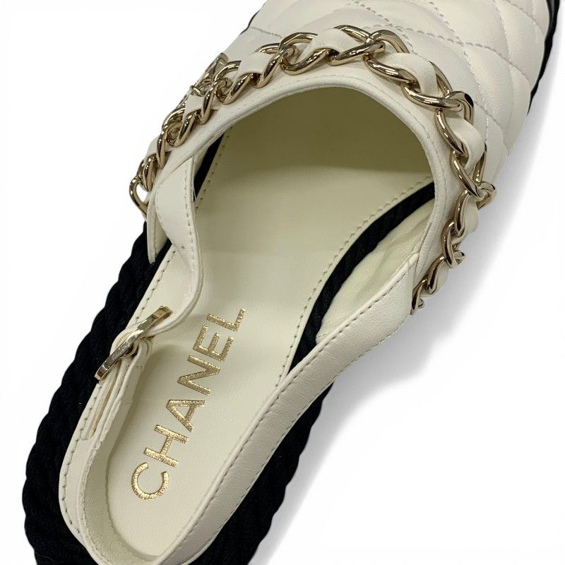 Chanel Sandals Shoes Leather Cork Fabric Off White Black Gold CC Logo Quilted — view 7