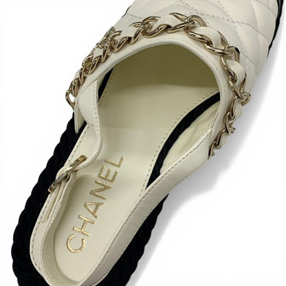 Chanel Sandals Shoes Leather Cork Fabric Off White Black Gold CC Logo Quilted — view 7