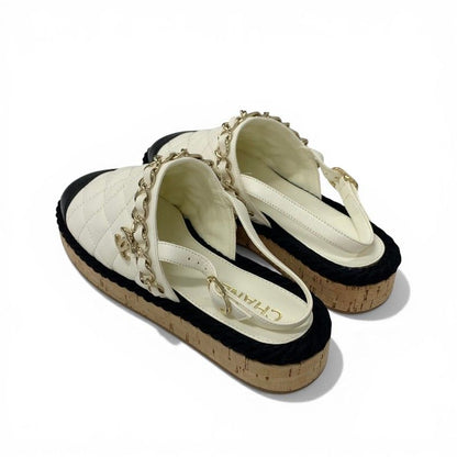 Chanel Sandals Shoes Leather Cork Fabric Off White Black Gold CC Logo Quilted — view 4