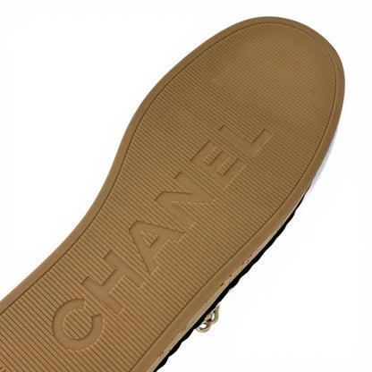Chanel Sandals Shoes Leather Cork Fabric Off White Black Gold CC Logo Quilted — view 8